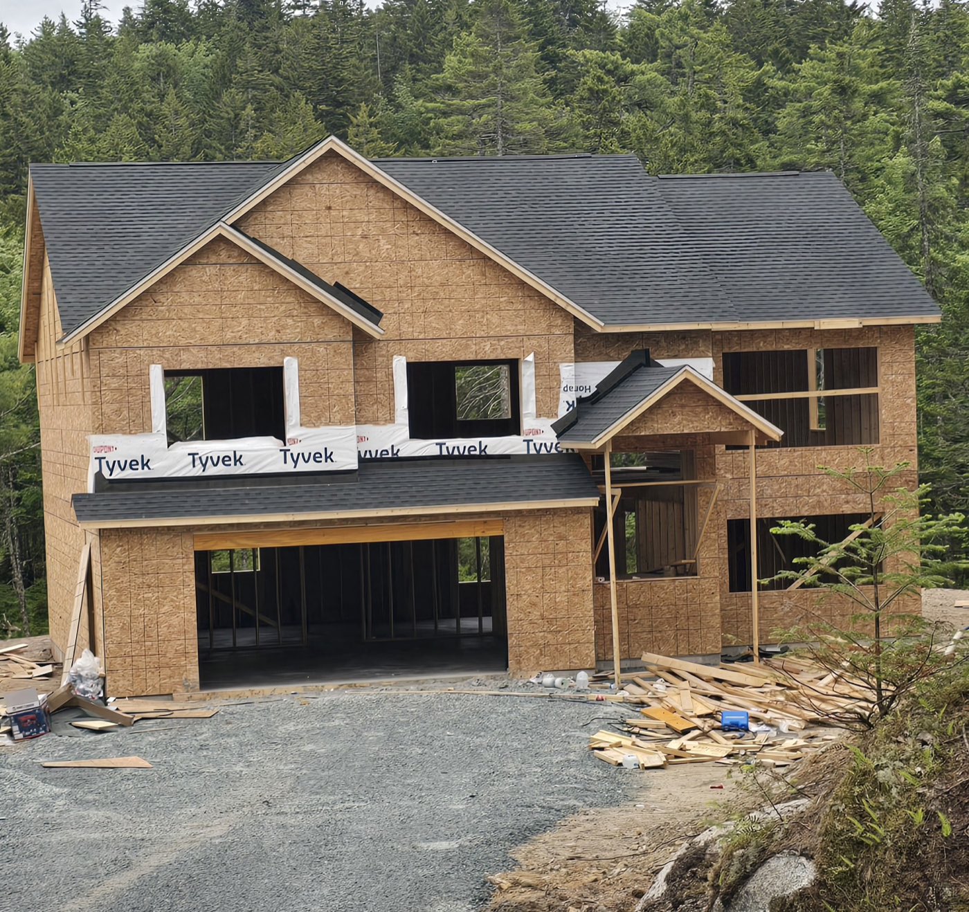 A new construction home in the woods with its roof already shingled